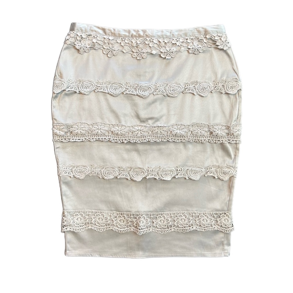 ⭐️Downeast basics silver satin pencil skirt with crochet lace size medium